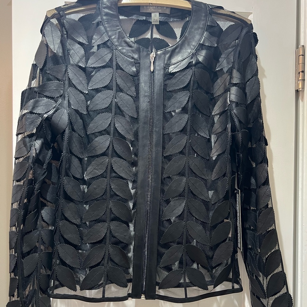 Vintage leather and Mesh  Black Leaf Design Sheer Jacket new with tags 1990’s.